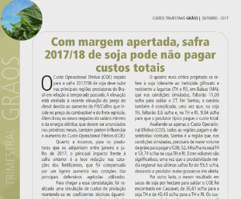 trecho de um relatório técnico-econômico sobre a safra de soja 2017/18 no Brasil, intitulado 'Custos Trimes