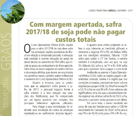 trecho de um relatório técnico-econômico sobre a safra de soja 2017/18 no Brasil, intitulado 'Custos Trimes