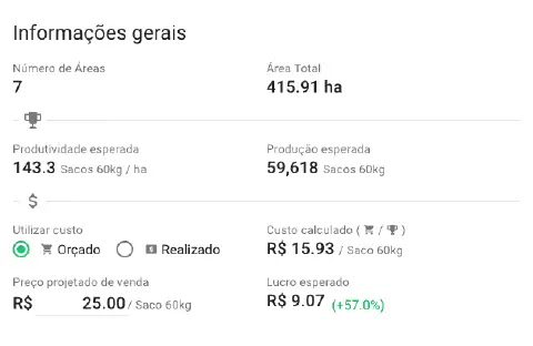 uma tela de 'Informações gerais' de um software de gestão agrícola, possivelmente o Aegro. A interface apresen