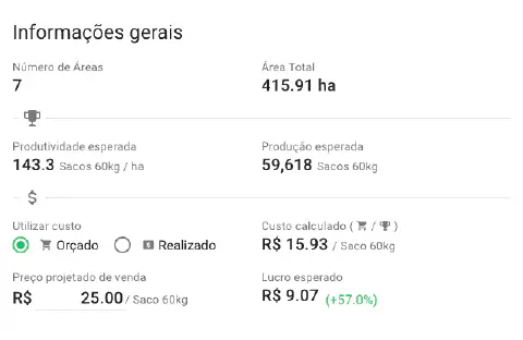 uma tela de 'Informações gerais' de um software de gestão agrícola, possivelmente o Aegro. A interface apresen