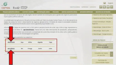 captura de tela do site do CEPEA (Centro de Estudos Avançados em Economia Aplicada), uma importante fonte de d
