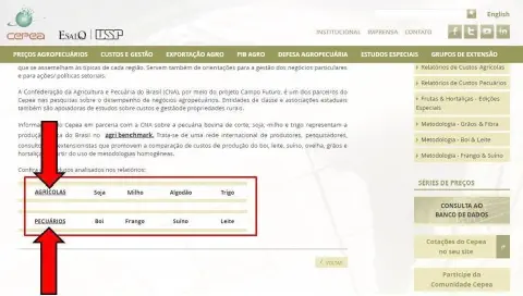 captura de tela do site do CEPEA (Centro de Estudos Avançados em Economia Aplicada), uma importante fonte de d
