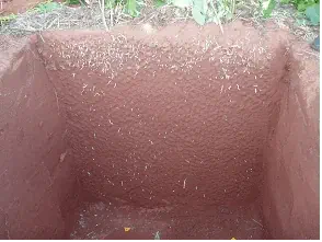 uma trincheira cavada no solo, revelando um perfil de solo de cor avermelhada, típico de latossolos brasileiro