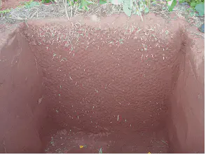 uma trincheira cavada no solo, revelando um perfil de solo de cor avermelhada, típico de latossolos brasileiro