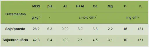 Análise de Solo: Comparativo entre Soja/Braquiária e Pousio uma tabela comparativa de resultados de uma análise química do solo, contrastando dois sistemas de manejo agrí