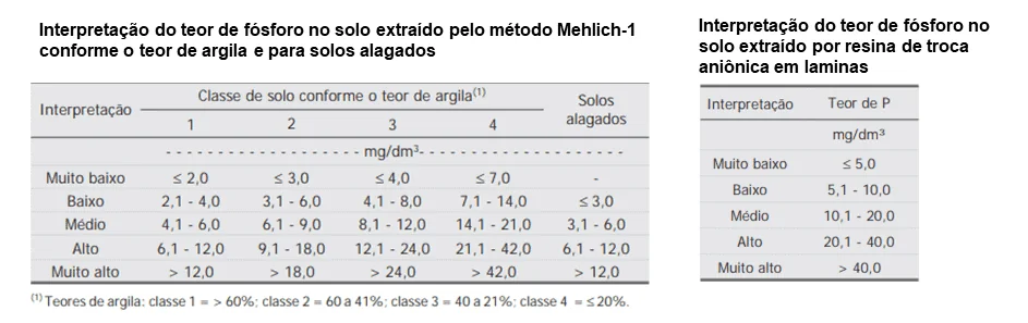 A imagem apresenta duas tabelas técnicas utilizadas na agronomia para a interpretação dos teores de fósforo (P) em amostras d