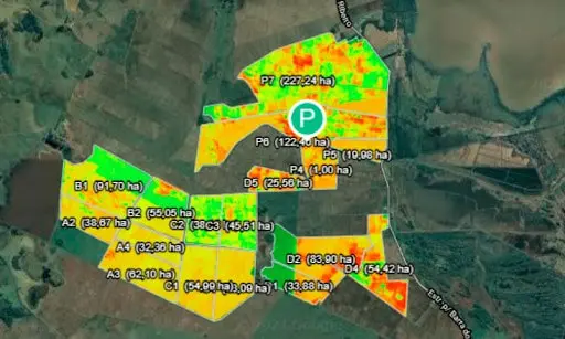 mapa de satélite de uma propriedade rural, com vários talhões (lotes de terra) demarcados e analisados. Sob