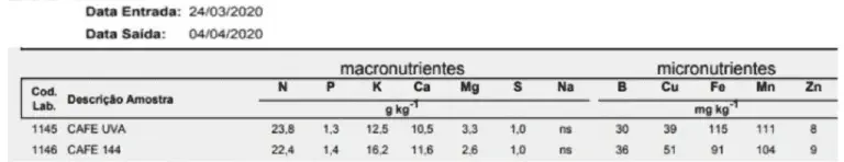 recorte de um laudo de análise laboratorial agrícola, especificamente focado na composição nutricional de a
