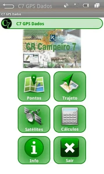 a tela inicial de um aplicativo móvel chamado ‘C7 GPS Dados’, que parece ser parte de um sistema maior, o ‘CR