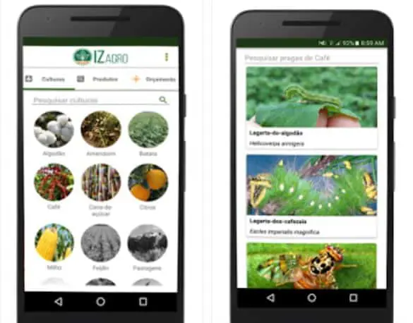 duas telas de um aplicativo móvel chamado IZagro, focado em agronomia. A tela da esquerda mostra o menu princi