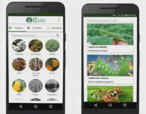 duas telas de um aplicativo móvel chamado IZagro, focado em agronomia. A tela da esquerda mostra o menu princi