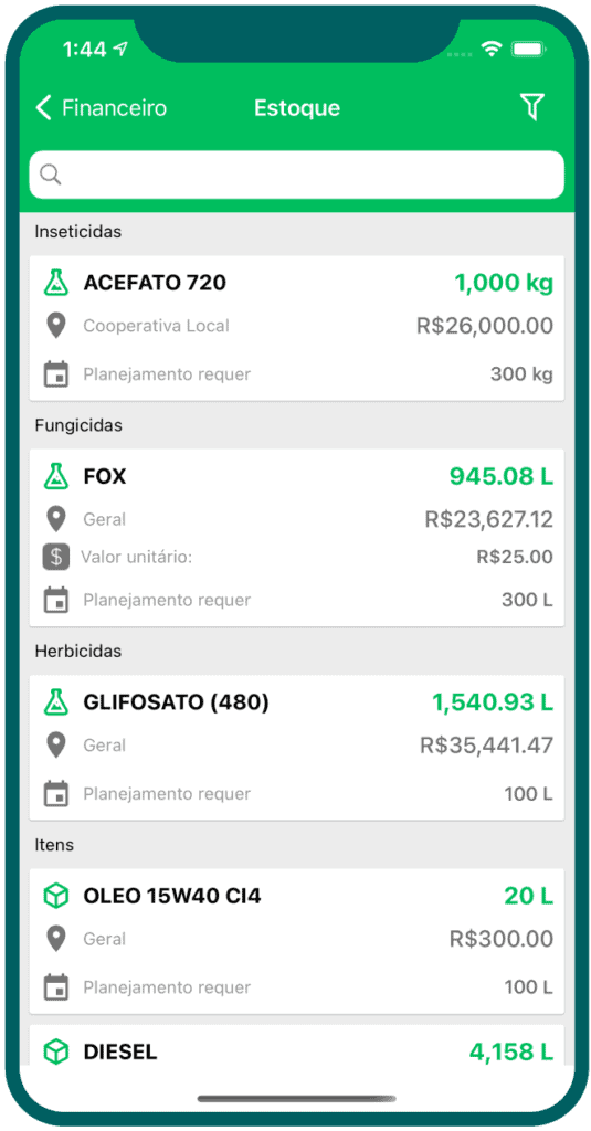 App Aegro: Gestão de Estoque e Insumos da Fazenda a tela de um smartphone com a interface do aplicativo Aegro, especificamente na seção de ‘Estoque’. A tela apr