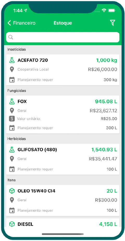 a tela de um smartphone com a interface do aplicativo Aegro, especificamente na seção de 'Estoque'. A tela apr