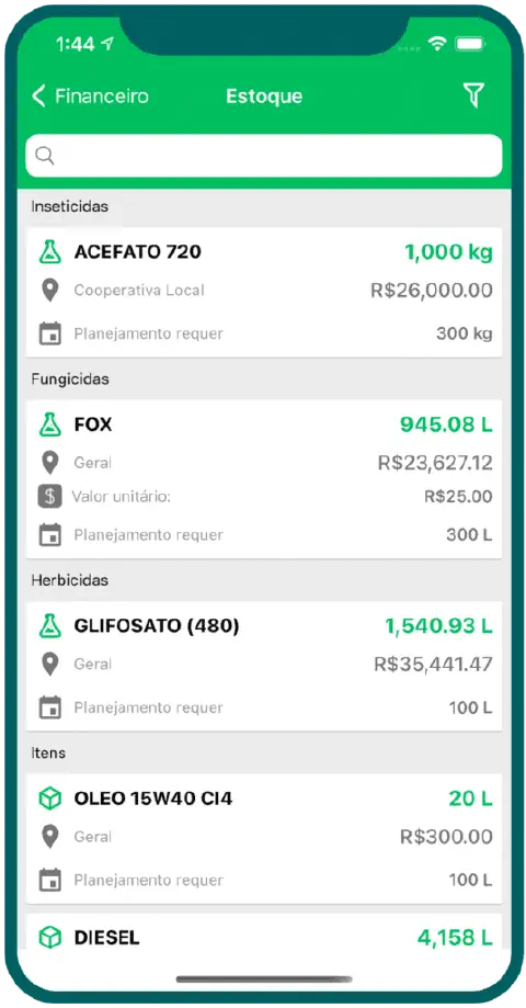 a tela de um smartphone com a interface do aplicativo Aegro, especificamente na seção de 'Estoque'. A tela apr