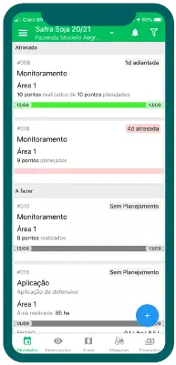 Tela do aplicativo móvel Aegro mostrando o gerenciamento de tarefas e atividades da fazenda.