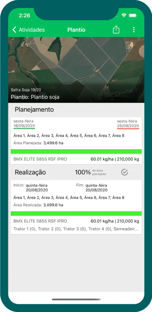App Aegro: Planejamento e Controle de Plantio na Fazenda a tela de um smartphone com o aplicativo Aegro aberto, detalhando uma atividade de plantio de soja. A interfac