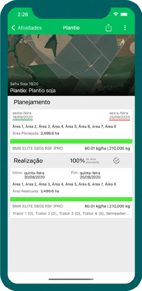 a tela de um smartphone com o aplicativo Aegro aberto, detalhando uma atividade de plantio de soja. A interfac