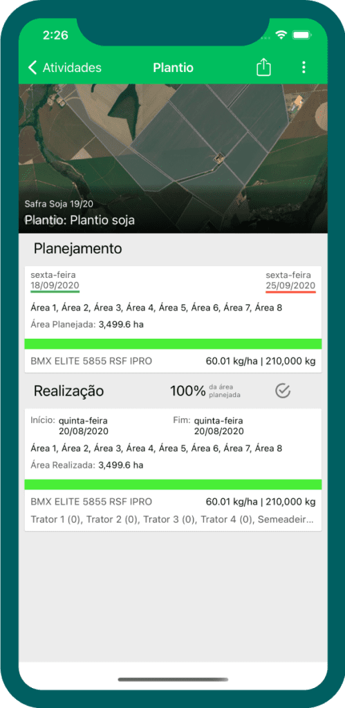 App Aegro: Planejamento e Controle de Plantio na Fazenda a tela de um smartphone com o aplicativo Aegro aberto, detalhando uma atividade de plantio de soja. A interfac