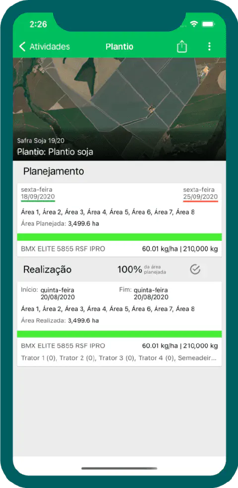 a tela de um smartphone com o aplicativo Aegro aberto, detalhando uma atividade de plantio de soja. A interfac