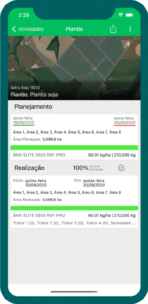 a tela de um smartphone com o aplicativo Aegro aberto, detalhando uma atividade de plantio de soja. A interfac