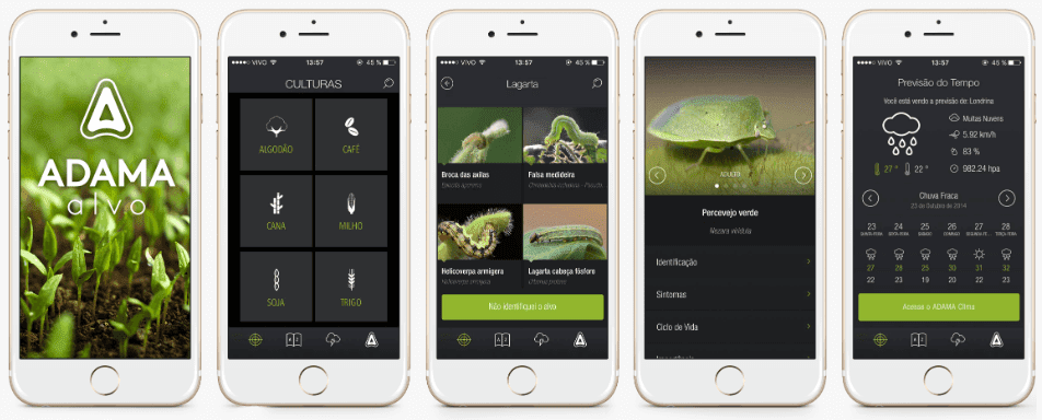 uma sequência de cinco telas de um aplicativo móvel para o agronegócio, chamado ‘ADAMA alvo’. As telas são apr