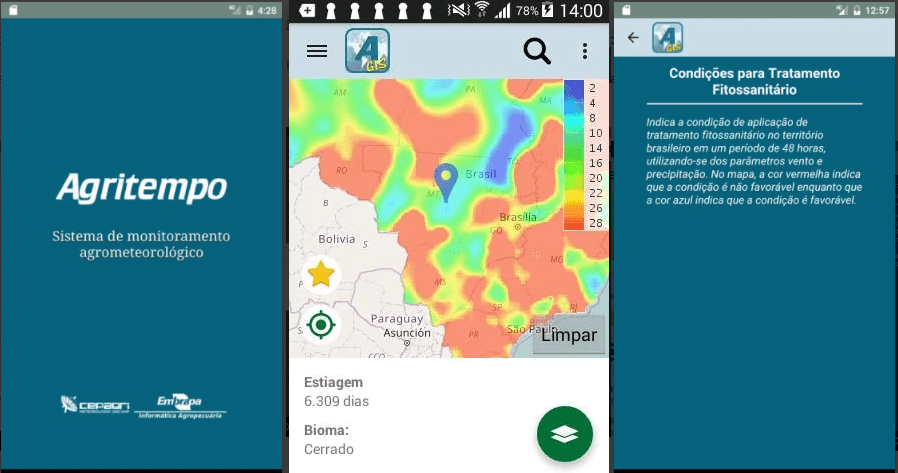 App Agritempo: Monitoramento Climático para o Agronegócio composição de três capturas de tela do aplicativo móvel ‘Agritempo’, um sistema de monitoramento agrometeoroló