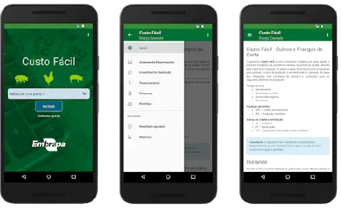 três telas do aplicativo móvel 'Custo Fácil', desenvolvido pela Embrapa, em um smartphone Android. A primeira