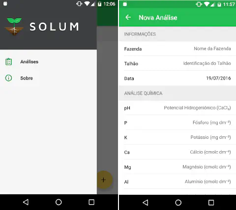 duas telas de um aplicativo móvel para agricultura chamado 'SOLUM'. A tela da esquerda mostra o menu principal