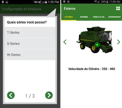 duas telas de um aplicativo móvel projetado para a configuração de máquinas agrícolas. Na tela à esquerda, int
