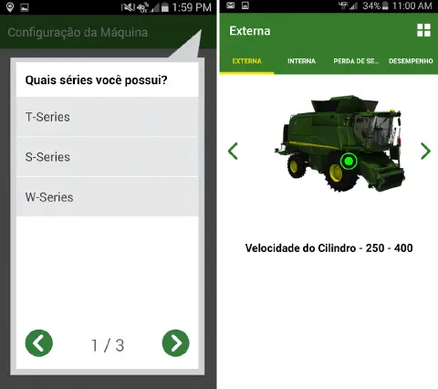 duas telas de um aplicativo móvel projetado para a configuração de máquinas agrícolas. Na tela à esquerda, int