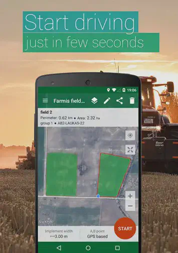 smartphone em primeiro plano, mostrando a interface de um aplicativo de agricultura de precisão. A tela do
