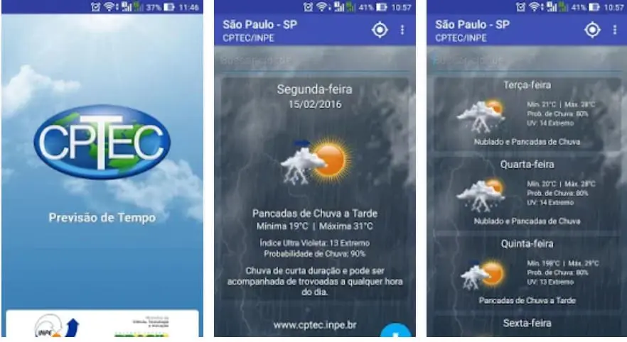 três telas de um aplicativo de previsão do tempo para celular, o CPTEC/INPE. A primeira tela à esquerda é a de