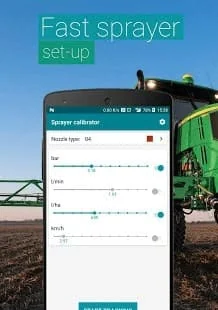 smartphone em primeiro plano, mostrando a interface de um aplicativo chamado ‘Sprayer calibrator’ (Calibrad