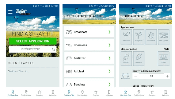 três telas sequenciais da interface de um aplicativo móvel chamado ‘SpraySelect’ da TeeJet Technologies, proje