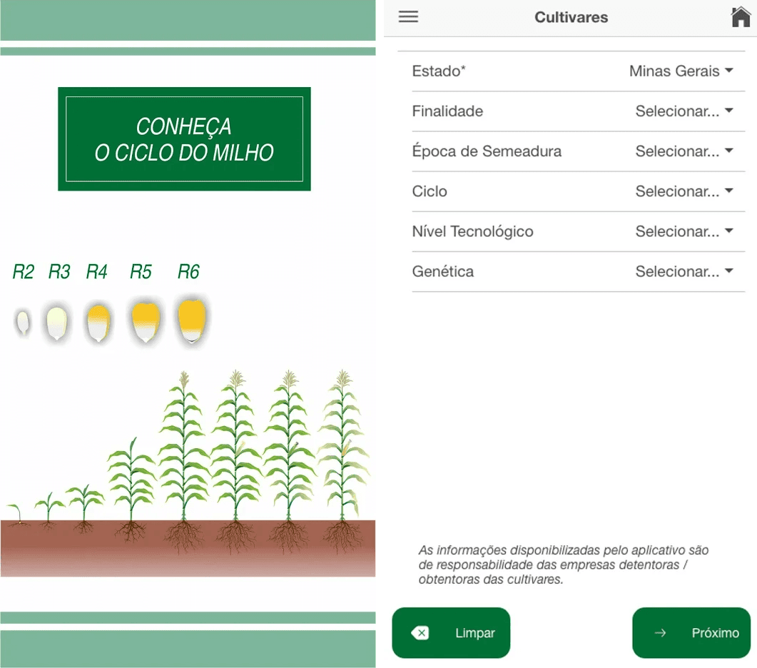 App para Seleção de Cultivares e Ciclo do Milho | Aegro a interface de um aplicativo móvel voltado para a agricultura, especificamente para a cultura do milho. A tela