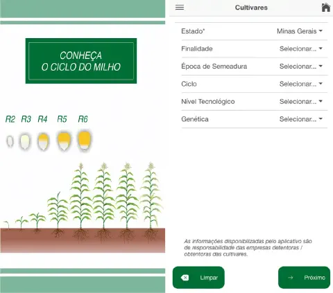 a interface de um aplicativo móvel voltado para a agricultura, especificamente para a cultura do milho. A tela