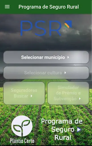 App Programa de Seguro Rural: Simule e Contrate Online a tela inicial de um aplicativo móvel brasileiro chamado ‘Programa de Seguro Rural’ (PSR), com o logo da marca