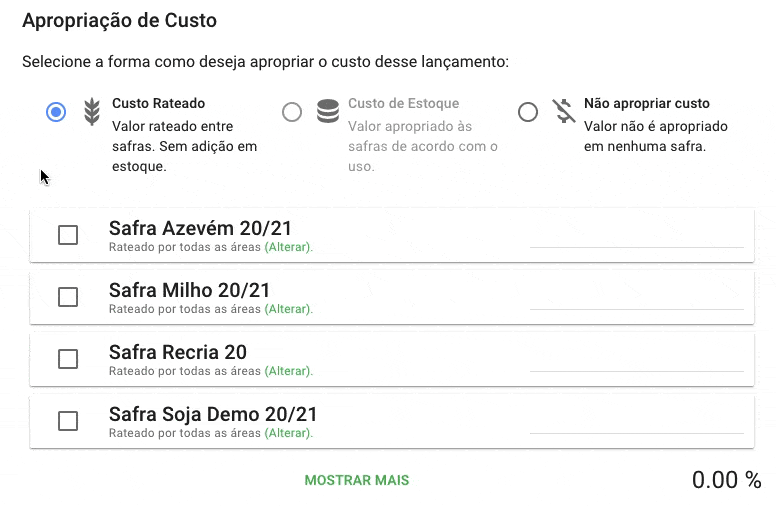 Apropriação de Custos por Safra na Gestão da Fazenda GIF que demonstra a funcionalidade de ‘Apropriação de Custo’ dentro de um software de gestão agrícola, como o A