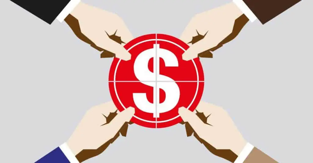 Atingindo Metas Financeiras no Agronegócio ilustração conceitual com um fundo cinza neutro. No centro, quatro mãos, cada uma vinda de um canto da