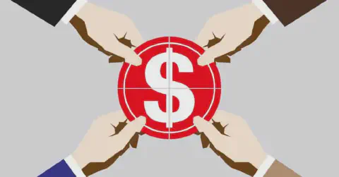 ilustração conceitual com um fundo cinza neutro. No centro, quatro mãos, cada uma vinda de um canto da