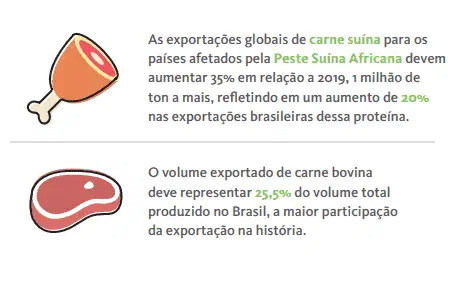 infográfico que apresenta dados sobre a exportação de carnes no Brasil, dividida em duas seções distintas. A pr