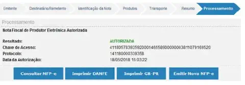 a tela de conclusão do processo de emissão de uma Nota Fiscal de Produtor Eletrônica (NFP-e), um documento fis