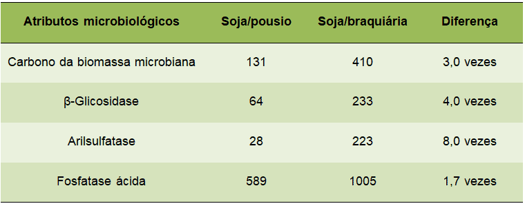 uma tabela comparativa que analisa os atributos microbiológicos do solo sob dois sistemas de manejo agrícola: