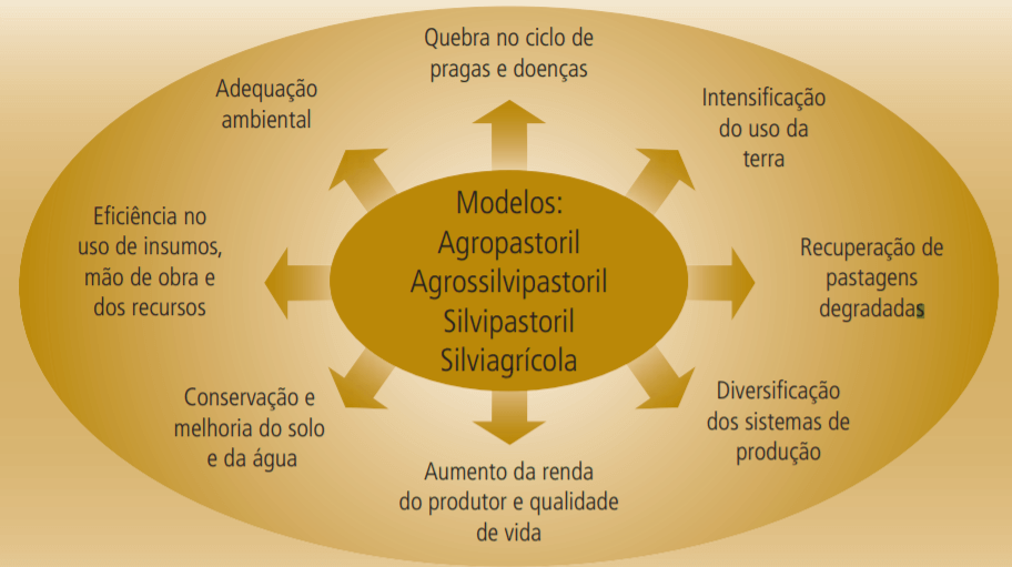 infográfico que ilustra os benefícios dos sistemas integrados de produção agrícola. No centro, uma elipse desta