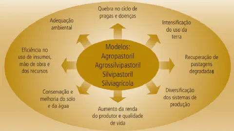infográfico que ilustra os benefícios dos sistemas integrados de produção agrícola. No centro, uma elipse desta