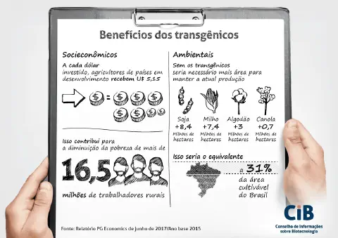 infográfico informativo, apresentado em uma prancheta segurada por mãos, que detalha os 'Benefícios dos transgê