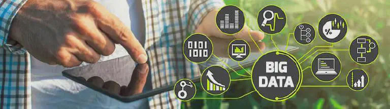 a fusão da agricultura moderna com a tecnologia de ponta. Em primeiro plano, vemos as mãos de um agricultor