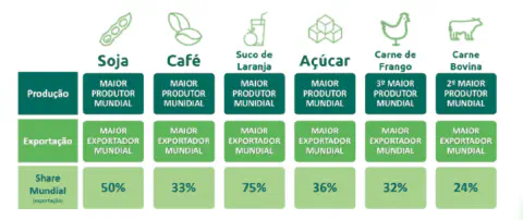 Este infográfico detalha a posição de liderança do Brasil no mercado global de agronegócio, analisando seis produtos-chave: s