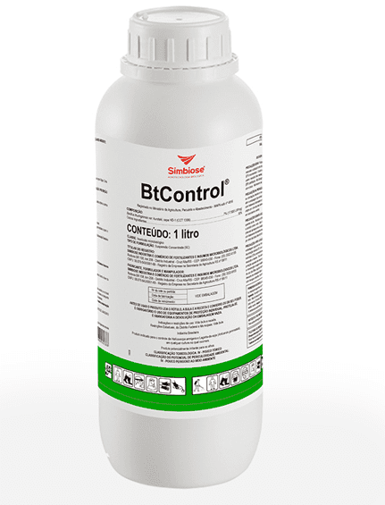 uma embalagem de 1 litro do produto BtControl, um inseticida microbiológico fabricado pela empresa Simbiose. O