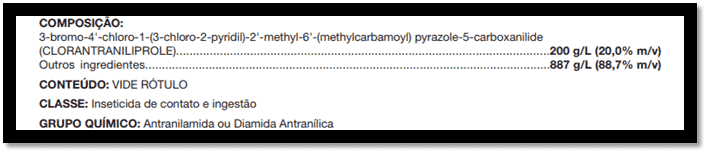 Bula de Inseticida: Composição do Clorantraniliprole recorte da seção ‘COMPOSIÇÃO’ da bula de um defensivo agrícola, especificamente um inseticida. O texto, em